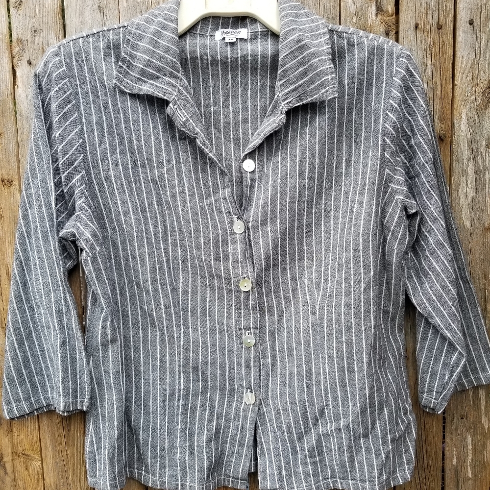 HEAVEN MEDIUM LINEN COTTON BLEND GRAY PINSTRIPE BUTTON UP BLOUSE TOP